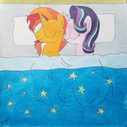 Size: 2272x2268 | Tagged: safe, artist:magicnova, derpibooru exclusive, starlight glimmer, sunburst, pony, unicorn, g4, bed, cute, eyes closed, female, glimmerbetes, high res, literally sleeping together, male, mare, pillow, ship:starburst, shipping, signature, sleeping, stallion, straight, sunbetes, traditional art