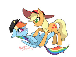 Size: 1024x768 | Tagged: safe, artist:extraluna, applejack, rainbow dash, earth pony, pegasus, pony, g4, blushing, carmen sandiego, female, hat, lesbian, looking at each other, mare, on back, ship:appledash, shipping, simple background, smiling, white background