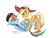 Size: 1024x768 | Tagged: safe, artist:extraluna, applejack, rainbow dash, earth pony, pegasus, pony, g4, blushing, carmen sandiego, female, hat, lesbian, looking at each other, mare, on back, ship:appledash, shipping, simple background, smiling, white background