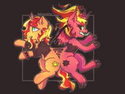 Size: 1024x768 | Tagged: safe, artist:jackytheripperart, sunset shimmer, pony, equestria girls, g4, duo, equestria girls ponified, ponified, sunset satan