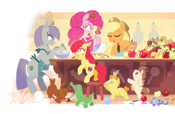 Size: 1280x835 | Tagged: safe, artist:justasuta, apple bloom, applejack, gummy, maud pie, pinkie pie, pound cake, pumpkin cake, winona, alligator, dog, earth pony, pegasus, pony, unicorn, g4, apple, apron, baking, bipedal, bipedal leaning, blank flank, clothes, colt, cowboy hat, cutie mark, eyes closed, female, filly, foal, food, hat, hooves, horn, leaning, lineless, male, mare, open mouth, prehensile mane, spread wings, the cmc's cutie marks, wings, zap apple