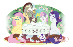 Size: 1280x835 | Tagged: safe, artist:justasuta, angel bunny, discord, fluttershy, opalescence, rarity, sweetie belle, cat, draconequus, pegasus, pony, rabbit, unicorn, g4, animal, female, filly, foal, folded wings, food, ginseng teabags, grin, hooves, horn, laughing, lineless, male, mare, one eye closed, smiling, table, tea, tea party, wings
