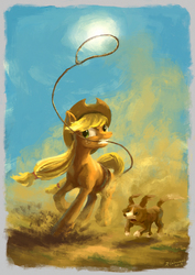 Size: 1349x1908 | Tagged: safe, artist:plainoasis, applejack, winona, dog, earth pony, pony, g4, cowboy hat, female, hat, lasso, mare, rope, sky, stetson, sun