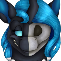 Size: 1000x1000 | Tagged: safe, artist:royalagate, derpibooru exclusive, oc, oc only, oc:fleet wing, changeling, blue changeling, blue eyes, blue hair, blue mane, changeling oc, collar, female, halloween costume, skull, solo, spiked collar