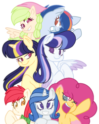 Size: 852x1064 | Tagged: safe, artist:cutiesparkle, oc, oc only, oc:astral glow, oc:cherry changa, oc:floral daise, oc:red gala, oc:shimmering radiance, oc:solar dawn, oc:spectrum blaze, earth pony, pegasus, pony, unicorn, adopted offspring, base used, female, mare, offspring, parent:applejack, parent:cheese sandwich, parent:fancypants, parent:flash sentry, parent:flim, parent:fluttershy, parent:pinkie pie, parent:rainbow dash, parent:rarity, parent:soarin', parent:twilight sparkle, parents:cheesepie, parents:flashlight, parents:flimjack, parents:raripants, parents:soarindash