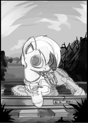 Size: 519x723 | Tagged: safe, artist:drafthoof, oc, oc only, oc:oil drop, pony, clothes, grayscale, hammer, monochrome, railroad, scenery, solo
