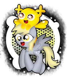 Size: 1300x1500 | Tagged: safe, artist:cloudyzu, derpy hooves, pegasus, pony, g4, crossover, cute, derpabetes, duo, female, flying, happy, holding head, penny fitzgerald, riding, starry eyes, the amazing world of gumball, wingding eyes