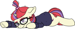 Size: 3694x1451 | Tagged: safe, artist:zippysqrl, moondancer, pony, unicorn, :t, bored, clothes, female, glasses, lying down, mare, simple background, solo, squishy cheeks, sweater, transparent background, underhoof