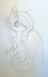 Size: 1301x2080 | Tagged: safe, artist:ohsushime, oc, oc only, oc:angelica, pegasus, pony, female, mare, monochrome, one eye closed, solo, traditional art, wink