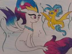 Size: 1024x768 | Tagged: safe, princess skystar, queen novo, seapony (g4), g4, my little pony: the movie, bubble, crown, dorsal fin, female, fin, fin wings, fins, fish tail, flower, flower in hair, flowing mane, flowing tail, jewelry, looking at each other, looking at someone, ocean, peytral, regalia, smiling, smiling at each other, swimming, tail, traditional art, underwater, water, wings