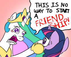 Size: 1000x800 | Tagged: safe, anonymous artist, derpibooru exclusive, princess celestia, twilight sparkle, alicorn, pony, g4, faic, friendship, friendship lesson, open mouth, reaction image, shut up, speech bubble, sweat, teary eyes, wide eyes