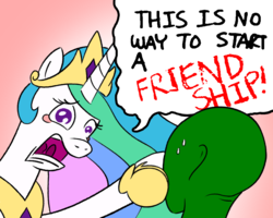 Size: 1000x800 | Tagged: safe, anonymous artist, derpibooru exclusive, princess celestia, oc, oc:anon, alicorn, pony, g4, faic, friendship, friendship lesson, open mouth, reaction image, shut up, speech bubble, sweat, teary eyes, wide eyes