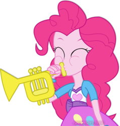 Size: 1600x1683 | Tagged: safe, artist:jucamovi1992, pinkie pie, equestria girls, g4, clothes, cute, eyes closed, female, musical instrument, playing, simple background, skirt, solo, transparent background, trumpet