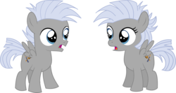 Size: 8938x4755 | Tagged: safe, artist:cyanlightning, chipcutter, pegasus, pony, g4, absurd resolution, chisel (r63), colt, confused, duo, female, filly, looking at each other, male, rule 63, simple background, transparent background, vector