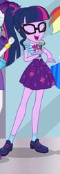 Size: 295x846 | Tagged: safe, screencap, sci-twi, twilight sparkle, a fine line, equestria girls, g4, my little pony equestria girls: better together, clothes, converse, cropped, eyes closed, female, geode of telekinesis, glasses, microphone, ponytail, shoes, skirt, socks