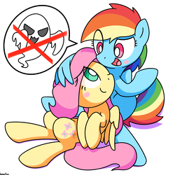 Size: 2400x2400 | Tagged: safe, artist:kemofoo, fluttershy, rainbow dash, ghost, pegasus, pony, g4, comforting, dialogue, female, high res, hug, lesbian, looking at each other, ship:flutterdash, shipping, simple background, sitting, speech bubble, white background, winghug