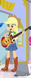 Size: 432x1080 | Tagged: safe, screencap, applejack, a fine line, equestria girls, g4, my little pony equestria girls: better together, bass guitar, boots, clothes, cowboy boots, cowboy hat, cropped, denim skirt, female, geode of super strength, hat, musical instrument, offscreen character, shoes, skirt, smiling, stetson