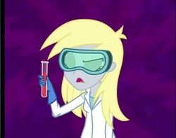 Size: 441x347 | Tagged: safe, screencap, derpy hooves, equestria girls, g4, my little pony equestria girls: friendship games, clothes, cropped, eyes closed, female, goggles, imminent explosion, lab coat, science