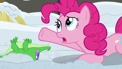 Size: 1280x720 | Tagged: safe, screencap, gummy, pinkie pie, alligator, pony, g4, not asking for trouble, raised eyebrow, snow, upside down