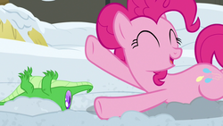 Size: 1280x720 | Tagged: safe, screencap, gummy, pinkie pie, pony, g4, not asking for trouble, eyes closed, happy, snow