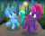 Size: 1200x960 | Tagged: safe, artist:empyu, fizzlepop berrytwist, glitter drops, spring rain, tempest shadow, pony, unicorn, g4, my little pony: the movie, ball, colt, colt spring rain, female, filly, filly glitter drops, filly tempest shadow, glowing horn, horn, levitation, magic, magic aura, male, telekinesis, tempest shadow's friends, this will end in tears, trio, younger