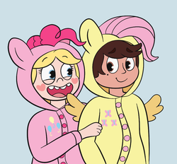 Size: 829x768 | Tagged: safe, artist:flutterflower, artist:starflutterfly, fluttershy, pinkie pie, g4, brony, clothes, cosplay, costume, kigurumi, marco diaz, pegasister, star butterfly, star vs the forces of evil