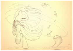 Size: 1789x1265 | Tagged: safe, artist:sherwoodwhisper, oc, oc only, oc:eri, pony, unicorn, bubble, cape, clothes, eyes closed, female, filly, monochrome, rear view, solo, traditional art, turned head