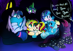 Size: 1500x1041 | Tagged: safe, artist:xxmarkingxx, spike, starlight glimmer, sunset shimmer, tempest shadow, trixie, twilight sparkle, alicorn, dragon, pony, unicorn, g4, my little pony: the movie, broken horn, clothes, counterparts, cute, diatrixes, drinking, food, footed sleeper, footie pajamas, glimmerbetes, glowing, glowing horn, horn, lidded eyes, magic, onesie, pajamas, popcorn, scared, shimmerbetes, sleepover, slumber party, smiling, soda, spikabetes, television, tempestbetes, twiabetes, twilight sparkle (alicorn), twilight's counterparts