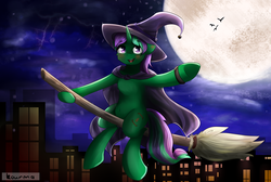 Size: 3711x2497 | Tagged: safe, artist:kourma, oc, oc only, oc:buggy code, pony, unicorn, broom, flying, flying broomstick, halloween, high res, holiday, male, moon, sky, solo, witch, ych result