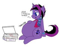 Size: 1280x976 | Tagged: safe, artist:several-bellies-fully-loveable, color edit, edit, oc, oc only, oc:midnight coda, pony, unicorn, belly, bhm, big belly, box, clothes, colored, colorist:midnight coda, donut, fat, food, male, obese, pizza, pizza box, request, requested art, scarf, solo, speech, stomach noise, stuffed, this will end in heartburn, watch
