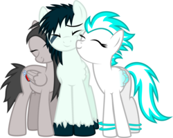 Size: 959x768 | Tagged: safe, artist:xenoneal, oc, oc only, oc:delta night, oc:silent beat, oc:sky paw, pegasus, pony, .svg available, eyes closed, female, male, mare, nuzzling, simple background, smiling, stallion, svg, transparent background, vector