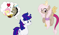 Size: 1024x610 | Tagged: safe, artist:lost-our-dreams, discord, fluttershy, oc, oc:harmonia, oc:midnight shine, hybrid, pony, unicorn, g4, female, interspecies offspring, male, mare, offspring, parent:discord, parent:flash sentry, parent:fluttershy, parent:twilight sparkle, parents:discoshy, parents:flashlight, ship:discoshy, shipping, straight, thought bubble
