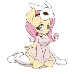 Size: 1000x1000 | Tagged: safe, artist:grimbloody, fluttershy, pegasus, anthro, unguligrade anthro, g4, animal costume, breasts, bunny costume, busty fluttershy, clothes, costume, cute, female, mask, shyabetes, simple background, solo, stockings, thigh highs, white background