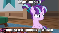 Size: 889x500 | Tagged: safe, edit, edited screencap, screencap, starlight glimmer, g4, uncommon bond, age spell, discussion in the comments, female, image macro, meme, solo, younger