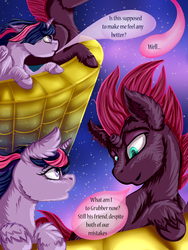 Size: 3000x4000 | Tagged: safe, artist:goldengriffiness, tempest shadow, twilight sparkle, alicorn, pony, comic:solace, g4, my little pony: the movie, broken horn, comic, horn, night, stars, twilight sparkle (alicorn)