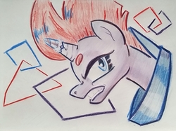 Size: 1975x1478 | Tagged: safe, artist:shoeunit, tempest shadow, pony, unicorn, g4, my little pony: the movie, abstract background, broken horn, bust, colored pencil drawing, female, horn, mare, portrait, side view, solo, traditional art