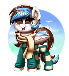 Size: 904x1000 | Tagged: safe, artist:confetticakez, oc, oc only, oc:blitz, pegasus, pony, clothes, cute, female, glasses, happy, hoodie, mare, scarf, simple background, smiling, socks, solo, striped socks, ych result