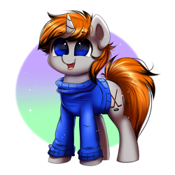Size: 1000x1000 | Tagged: safe, artist:confetticakez, oc, oc only, oc:disterious, pony, unicorn, blue eyes, clothes, cute, happy, horn, male, orange mane, orange tail, simple background, smiling, solo, stallion, sweater, ych result