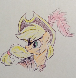 Size: 1174x1200 | Tagged: safe, applejack, earth pony, pony, g4, colored pencil drawing, eyepatch, feather, female, freckles, hat, mare, pirate, pirate hat, simple background, traditional art, white background