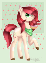 Size: 3538x4800 | Tagged: safe, artist:midnightdream123, oc, oc only, oc:cherry blossom, earth pony, pony, absurd resolution, basket, female, mare, mouth hold, raised hoof, solo