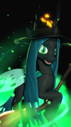 Size: 1080x1920 | Tagged: safe, artist:powdan, queen chrysalis, changeling, changeling queen, g4, 3d, broom, female, flying, flying broomstick, gmod, hat, looking at you, smiling, solo, witch, witch hat