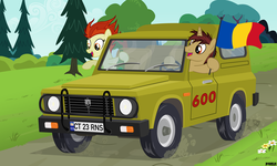 Size: 4200x2520 | Tagged: safe, artist:a4r91n, oc, oc only, oc:para focului, oc:rivet gear, earth pony, pony, unicorn, alcohol, aro 243, beer, car, driving, flag, license plate, milestone, romania, vector, vehicle, waving