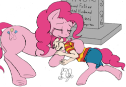 Size: 1500x1043 | Tagged: safe, artist:dj-black-n-white, color edit, edit, editor:gimpanon, pinkie pie, oc, oc:anon, oc:pogo, pony, satyr, g4, butt, colored, crying, death, female, grave, implied anon, male, mare, mother and son, offspring, plot
