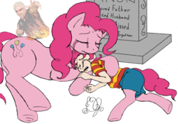 Size: 1500x1043 | Tagged: safe, artist:dj-black-n-white, color edit, edit, edited edit, editor:gimpanon, pinkie pie, oc, oc:pogo, human, pony, satyr, g4, butt, colored, crying, female, grave, guy fieri, irl, irl human, male, mare, meme, mother and son, offspring, photo, plot, sleeping