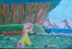 Size: 2730x1832 | Tagged: safe, artist:ironbeastz, fluttershy, butterfly, pony, g4, female, solo, traditional art, tree