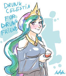 Size: 2001x2286 | Tagged: safe, artist:daily-happiness, princess celestia, human, g4, blushing, crown, drunk, female, high res, humanized, jewelry, necklace, regalia, solo