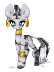 Size: 1060x1412 | Tagged: safe, artist:akiraniji, artist:elainevulpes, zecora, zebra, g4, ear piercing, earring, female, jewelry, looking at you, mare, piercing, simple background, transparent background