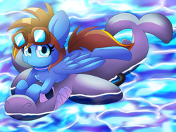 Size: 1600x1200 | Tagged: safe, artist:blazemizu, oc, oc only, oc:blaze mizu, pegasus, pony, shark, female, floating, goggles, inflatable, inflatable toy, mare, pool toy, solo, water