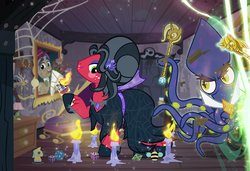 Size: 1000x684 | Tagged: safe, artist:pixelkitties, big macintosh, discord, showtime, squizard, trixie, twilight sparkle, bee, earth pony, pony, squid, g4, bouquet, bust, candle, chess piece, clothes, costume, crossdressing, dark room, dice, discord lamp, elvira, halloween, holiday, male, nightmare night, orchard blossom, parody, peter new, pixelkitties' brilliant autograph media artwork, portrait, scepter, stallion, trixie scepter, twilight scepter