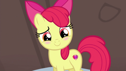 Size: 1920x1080 | Tagged: safe, screencap, apple bloom, earth pony, pony, g4, hearthbreakers, 1080p, adorabloom, blushing, bow, cute, female, filly, hair bow, smiling, solo